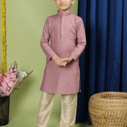 TABARD Kids Dusty Pink & Beige Embroidered Full Sleeves Kurta with Pyjamas-image-54
