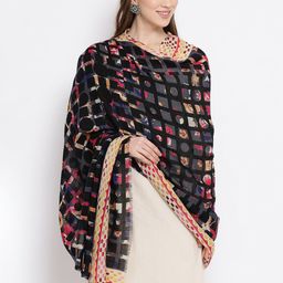SHINGORA Women Black & Beige Flower Bar Printed Woolen Shawl-31