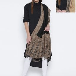 WEAVERS VILLA Black & Beige Patterned Reversible Stole-image-73