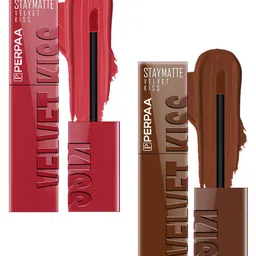 PERPAA Velvet Kiss Set Of 2 Liquid Lipsticks-3.5 ml Each-Matte Red - Chocolate Brown-18