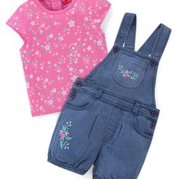Babyhug Cotton Knit Dungaree with Cap Sleeves Inner Tee Floral Print - Pink & Blue-image-90