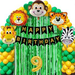 Bubble Trouble 9 Year Jungle Theme Birthday Decoration Kit Boys Combo Set Green Yellow Animal Face Foil Balloon Green Birthday Backdrop Foil Curtain Jungle Theme Banner- 68 Items-5