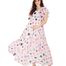 Mom for sure by Ketki Dalal Maternity Cum Nursing Pink Polka Maxi Dress - White Pink-image-91