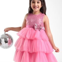 Babyhug Sleeveless Layered Party Frock With Sequin Embroidery & Bow Applique- Dusty Pink-image-85