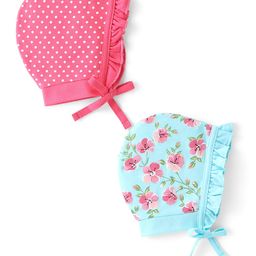 Babyhug 100% Cotton Caps With Polka Dots & Floral Print Pack Of 2 - Pink & Blue-image-61