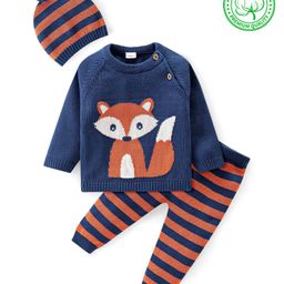 Babyhug Knitted Full Raglan Sleeves Pullover Sweater Set with Cap Striped & Fox Design - Navy Blue & Orange-picture-25
