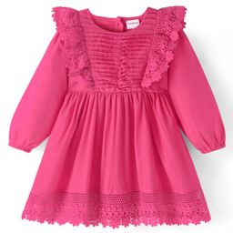 Babyhug Cambric Full Sleeves Knee Length Frock with Floral Lace at Hem - - Dark Pink-image-94