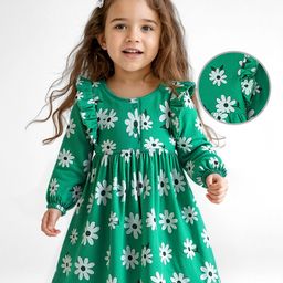 Doodle Poodle Cotton Knit Full Sleeve Frock With Floral Print - Green-image-99