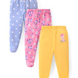 Babyhug Interlock Cotton Knit Bootie Leggings with Floral Print Pack of 3 - Pink,Blue & Yellow-image-2