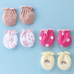Ben Benny Interlock 100% Cotton Knit Solid Color & Floral Printed Mittens  Pack of 4 - White Pink & Light Yellow-26