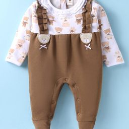 ToffyHouse Interlock Knit Full Sleeves Romper With Teddy Bear Print - Brown-16