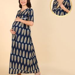 Zelena 100% Cotton Half Sleeves Leaves Printed Zipless Maternity Nighty - Navy Blue-image-64