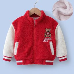 Kookie Kids Full Sleeves Fur Bomber Jacket with Bear Patch & Pocket - Red-image-31
