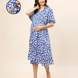 MomToBe Rayon Half Bell Sleeves Floral Printed Maternity Dress With Nursing Access - Blue-picture-6