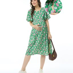 Bella Mama Women Half Sleeves Maternity Dress With Pocket Flower Print - Green-picture-24
