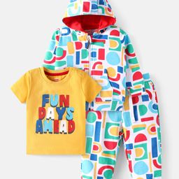 Babyhug Terry Knit Full Sleeves Printed Hooded Sweatjacket & Lounge Pant Set With T-Shirt - Light Blue & Yellow-image-59