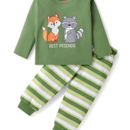 Babyhug Cotton Knit Full Sleeves Night Suit with Fox & Sloth Bear Print & Stripes - Green-image-8