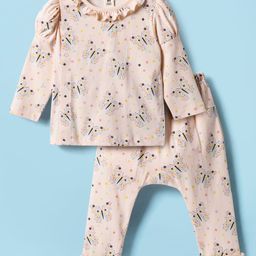 ToffyHouse Cotton Knit Full Sleeves Co-Ord Night Suit With Butterfly & Floral Print - Peach-picture-10