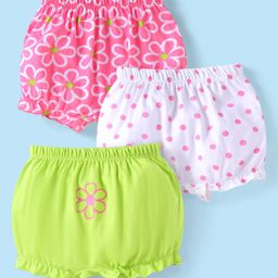 Babyhug 100% Cotton Knit Floral & Polka Dots PrintedBloomers Pack of 3 - Green Pink & White-image-78