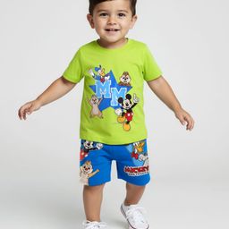 Babyhug Disney Single Jersey Knit Half Sleeves T-Shirt & Shorts Set With Mickey Mouse Family Graphics - Neon Green & Blue-picture-36