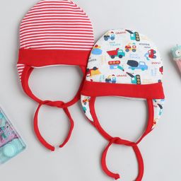 BUMZEE Interlock Knit Caps with Stripes & Vehicle Print Pack of 2 Red & White - Diameter 11.5 cm-0