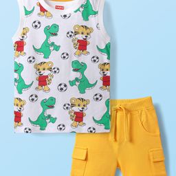 Babyhug Single Jersey Knit Sleeveless Tank T-Shirt & Shorts Set With Animal Print - White & Yellow-image-24