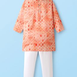Ridokidz Cotton Full Sleeves Geometric Printed Kurta Pyjama Set - Orange-image-48