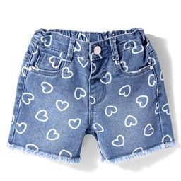 Babyhug Mid Thigh Denim Shorts With Stretch & Heart Print - Blue-image-66