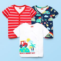 Babyhug 100% Cotton Interlock Knit Front Open Half Sleeves Vests With Stripes & Tropical Theme Print Pack Of 3 - White Red & Navy Blue-picture-5