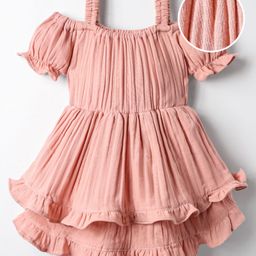 Mark & Mia Cotton Woven Half Cold Shoulder Sleeves Sold Color Frock with Frill Detailing - Peach-image-27