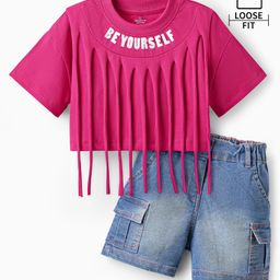 Ollington St. Cotton Half Sleeves Top with Print & Stretchable Denim Shorts Set - Dark Pink & Blue-image-97