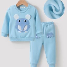 Mark & Mia Full Sleeves Winter Wear Sweatshirt & Lounge Pant Set With Elephant Patch - Blue-image-94