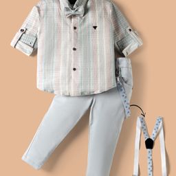 Dapper Dudes Full Sleeves Checked Shirt Pant With Bow & Suspender Set - Sky Blue-picture-32