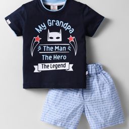 Mini Donuts Cotton Knit Half Sleeves T-Shirt & Shorts with My Grandpa Text Print - Navy Blue-image-24