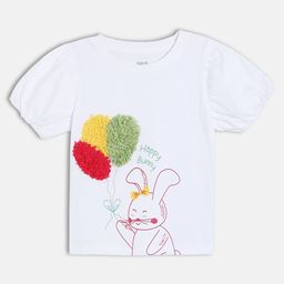 MINI KLUB Cotton Half Puffed Sleeves Bunny Printed Top - White-image-1
