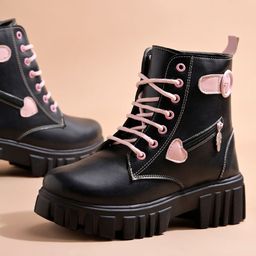 Shoetopia Heart Patch Embroidered Boots - Black-image-73