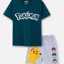 Nap Chief Cotton Knit Pokemon Featuring Half Sleeves Relaxed Fit Tee & Pikachu Printed Shorts Set - Teal Blue-image-20