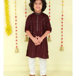 Ministitch Cotton Woven Full Sleeves Foil Striped Kurta Pyjama Set - Wine-picture-0