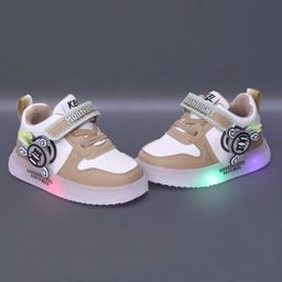 NEW STEPS Rotating Cartoon Applique Detailed Colour Blocked LED Velcro Closure Shoes - Brown-image-63