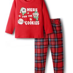 Babyhug Cotton Knit Full Sleeves Night Suit Set with Checks & Here For The Cookies Print - Red-picture-8