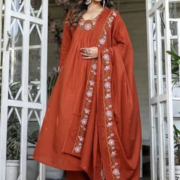 GRIOPY Women Ethnic Motifs Embroidered Anarkali Kurta with Trousers & Dupatta-42