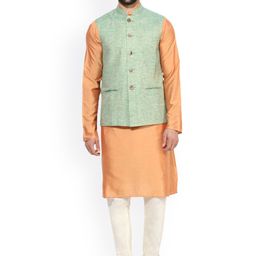 KISAH Men Peach-Coloured Self Design Kurta with Churidar & Nehru Jacket-1