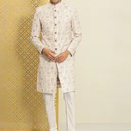 House of Pataudi Jashn Floral Woven Design Zari Work Sherwani Set-picture-53