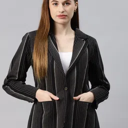 Cottinfab Women Black Striped Open Front Blazer-picture-17