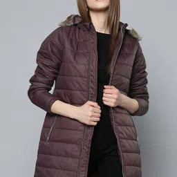 Chemistry Women Burgundy Solid Quilted with Faux Fur Trim  Longline Jacket-image-27