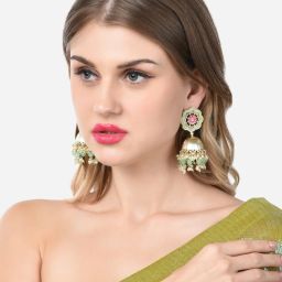 Zaveri Pearls Green & Pink Meenakari Kundan & Cluster Beads Jhumki Earring-ZPFK14715 image 1