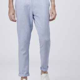 HIGHLANDER Men Blue & White Slim Fit Checked Cotton Linen Chinos-image-69