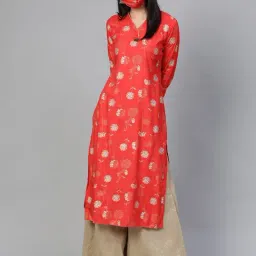 Sringam Red Printed Straight Kurta With Mask-image-32