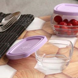 Duralex 'Freshbox' Transparent & Purple Glass 11 cm Container With Lid (0.15 L) - Set of 2-5
