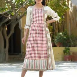 Juniper Ivory Ethnic Motif Printed Rayon Dress & Dori Tie-Up With Tassels On Sleeves-image-71